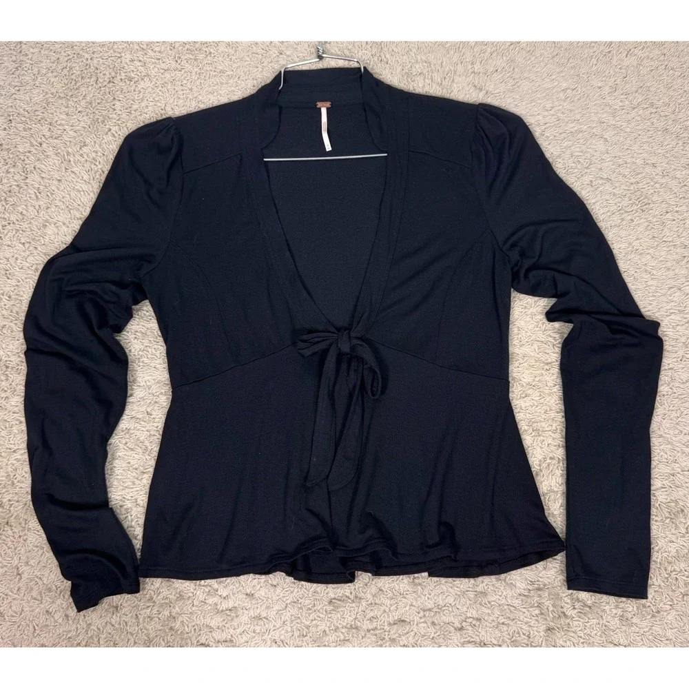 Free People Black Long Sleeve Cropped Tie Front Babydoll Top Womens M Whimsigoth